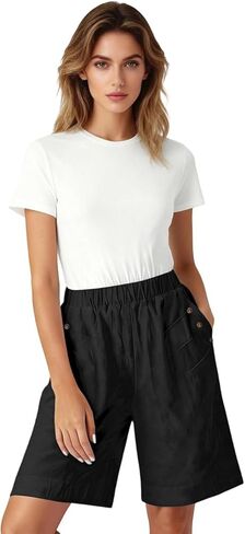 Women's High Waist Linen Bermuda Shorts, Loose Fit Wide Leg with Pockets, Casual Comfortable Short Pants for Spring Summer in Saudi Arabia