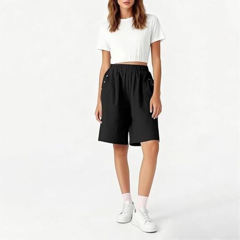 Women's High Waist Linen Bermuda Shorts, Loose Fit Wide Leg with Pockets, Casual Comfortable Short Pants for Spring Summer in Saudi Arabia