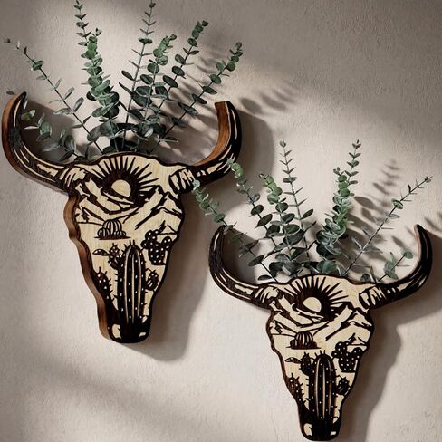 2 Pcs Western Wall Decoration Wood Cow Skull Wall Planter for Indoor Plants 12 x 8'' Western Cow Skull Flower Hanging Vase for Flower Faux Rustic Home Ornaments for Bathroom Bedroom in Kuwait