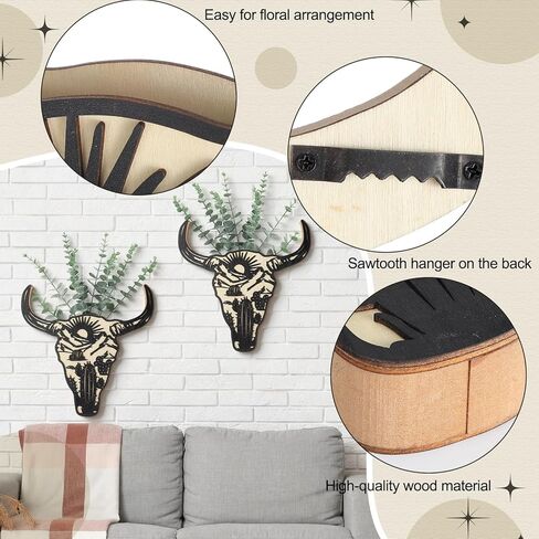 2 Pcs Western Wall Decoration Wood Cow Skull Wall Planter for Indoor Plants 12 x 8'' Western Cow Skull Flower Hanging Vase for Flower Faux Rustic Home Ornaments for Bathroom Bedroom in Kuwait