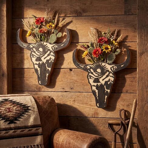 2 Pcs Western Wall Decoration Wood Cow Skull Wall Planter for Indoor Plants 12 x 8'' Western Cow Skull Flower Hanging Vase for Flower Faux Rustic Home Ornaments for Bathroom Bedroom in Kuwait