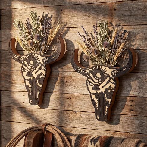 2 Pcs Western Wall Decoration Wood Cow Skull Wall Planter for Indoor Plants 12 x 8'' Western Cow Skull Flower Hanging Vase for Flower Faux Rustic Home Ornaments for Bathroom Bedroom in Kuwait