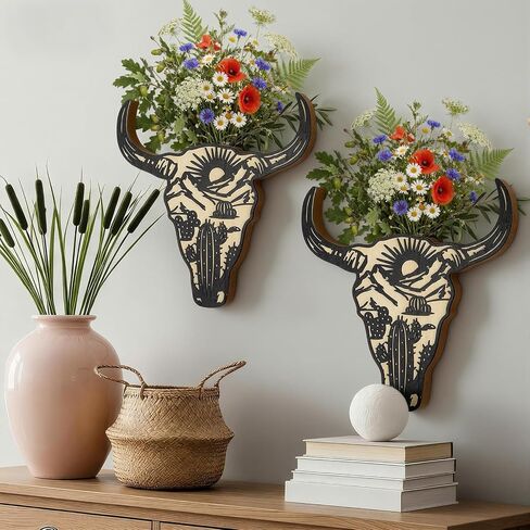 2 Pcs Western Wall Decoration Wood Cow Skull Wall Planter for Indoor Plants 12 x 8'' Western Cow Skull Flower Hanging Vase for Flower Faux Rustic Home Ornaments for Bathroom Bedroom in Kuwait