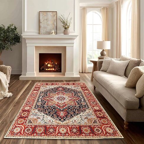 XWZO 5x7 Area Rugs Washable Rug for Living Room，Non-Slip Bedroom Rug Vintage Print Pattern Large Carpet for Office Dining Room Low Piles Indoor Carpet,Red,5x7 in Saudi Arabia