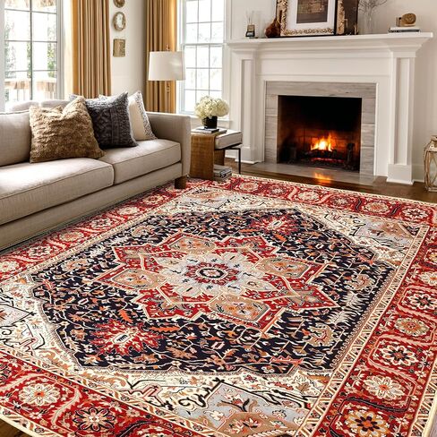 XWZO 5x7 Area Rugs Washable Rug for Living Room，Non-Slip Bedroom Rug Vintage Print Pattern Large Carpet for Office Dining Room Low Piles Indoor Carpet,Red,5x7 in Saudi Arabia