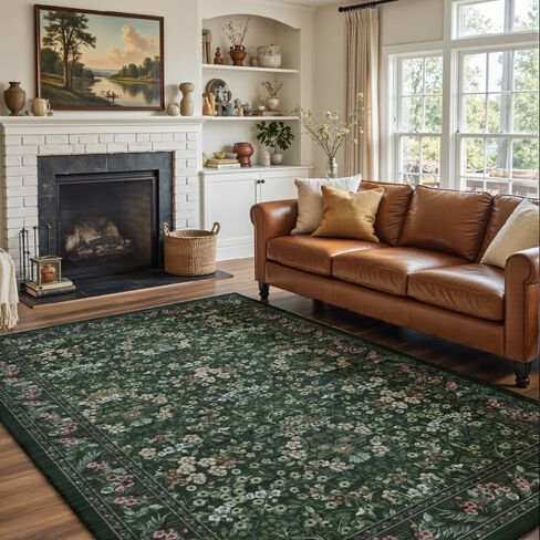 4x6 Dark Green Area Rugs for Living Room, Floral Washable Rug Vintage Large Soft Boho Non-Slip Carpet Indoor Floor Stain Resistant Carpets for Bedroom Dining Room Farmhouse Nursery Home Office in Saudi Arabia