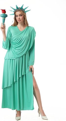 Women's Lady Liberty Costume with Torch, Crown, 4th of July Fancy Dress Statue of Liberties Cosplay Halloween in Kuwait