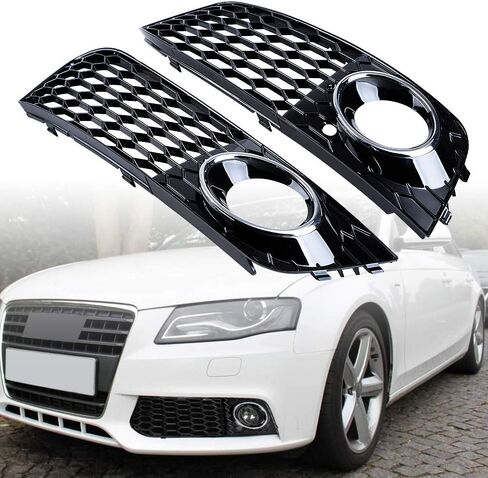 Black Mesh Chrome Ring Front Fog Light Grille Honeycomb Grill Cover Inserts Compatible with Audi A4 B8 Standard Bumper 2008-2012 RS4 Style in Saudi Arabia