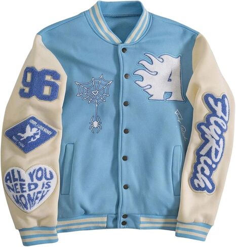 SOLY HUX Men's Letter Graphic Varsity Jacket Button Down Long Sleeve Y2k Vintage Preppy Baseball Jacket in Saudi Arabia
