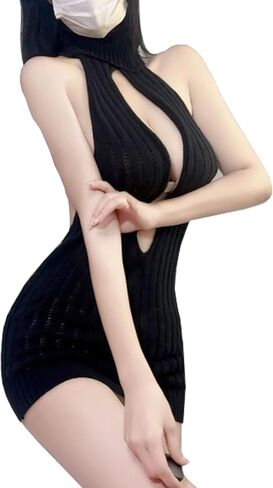 YOMORIO Women's Sexy Virgin Killer Sweater Backless Sweater Dress Hollow Out Cosplay Knit Tank Top Vest One Size - Black in Saudi Arabia