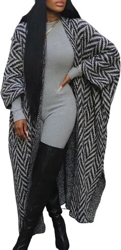 سترة صوفية طويلة مخططة للسيدات من Ptorlio مقاس كبير وخفيفة الوزن ومفتوحة من الأمام ومعطف مريح بالأزرار عصري in Kuwait