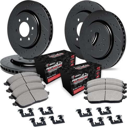 R1 Concepts Front and Rear Brake Kit For 2019-2025 Ram 1500| Drilled Slotted Brake Rotors| Off-Road/Tow Brake Pads and Rotors Kit|Hardware included in Saudi Arabia