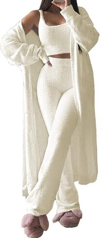 Linsery Womens Fuzzy Three Pc Cozy Pajamas Sets Open Front Cardigan Crop Vest Tops Wide Pants Winter Fleece Outfits Camel L in Kuwait