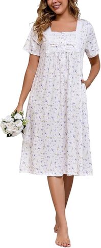 Rubehoow Nightgown Women's Short Sleeve Victorian Nightdress Vintage Soft Cotton Pajama Dress with Pockets in Kuwait