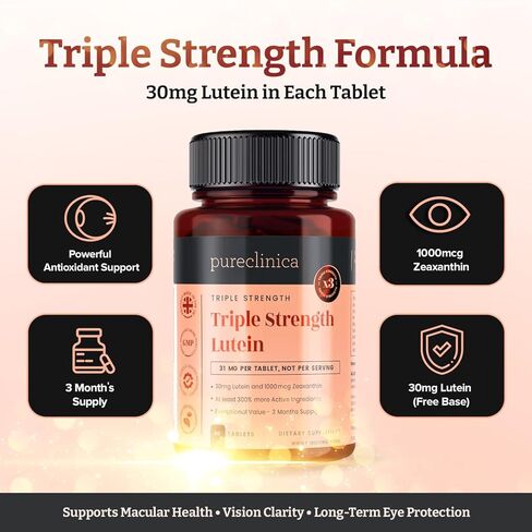 pureclinica Lutein 30mg x 180 Tablets (2 Bottles with 90 Tablets in Each). with 1000mcg Zeaxanthin. 3 x The Strength of Regular Lutein Tablets in Kuwait