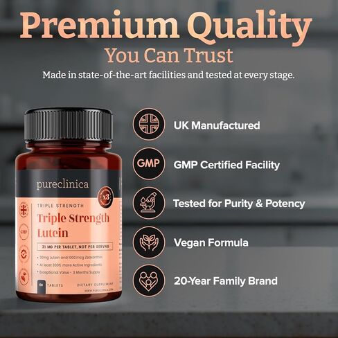 pureclinica Lutein 30mg x 180 Tablets (2 Bottles with 90 Tablets in Each). with 1000mcg Zeaxanthin. 3 x The Strength of Regular Lutein Tablets in Kuwait