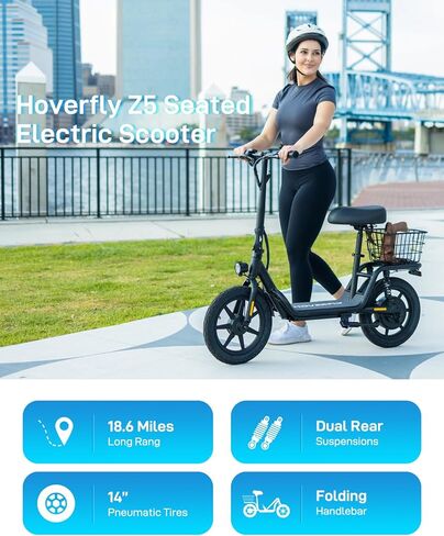 سكوتر كهربائي هوفر فلاي 14 بوصة مع مقعد للبالغين، محرك ذروة 550 وات/750 وات، نطاق 18.6/25 ميل، سرعة قصوى 15.5/22 ميل في الساعة، مقعد مريح قابل لضبط الارتفاع، سكوتر ركاب مع سلة حمل وملحقات in Kuwait