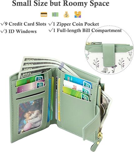 Small Wallets Women RFID Leather Bifold Card Holder Cute Flower Wallet for Women with Zipper Coin Pocket 3 ID Windows in Saudi Arabia