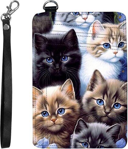 Cute Cat Slim RFID Blocking Card Holder for Men Women - Mini Leather Credit Card Wallet with Detachable Wristband - Small Front Pocket RFID Case for Travel & Daily Use in Kuwait
