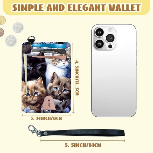 Cute Cat Slim RFID Blocking Card Holder for Men Women - Mini Leather Credit Card Wallet with Detachable Wristband - Small Front Pocket RFID Case for Travel & Daily Use in Kuwait