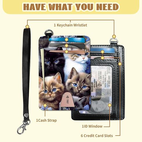 Cute Cat Slim RFID Blocking Card Holder for Men Women - Mini Leather Credit Card Wallet with Detachable Wristband - Small Front Pocket RFID Case for Travel & Daily Use in Kuwait