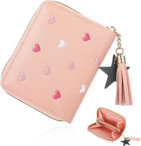 Cute Tassel Zipper Wallet, Small Star Pendant Purse PU Leather Coins Pocket Waterproof Lightweight Purse with Embroidery Hearts for Women Gift in Saudi Arabia