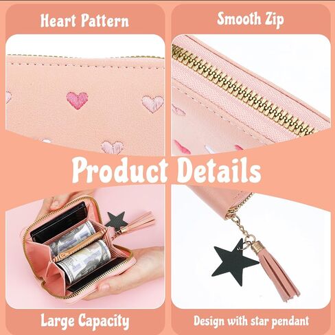Cute Tassel Zipper Wallet, Small Star Pendant Purse PU Leather Coins Pocket Waterproof Lightweight Purse with Embroidery Hearts for Women Gift in Saudi Arabia