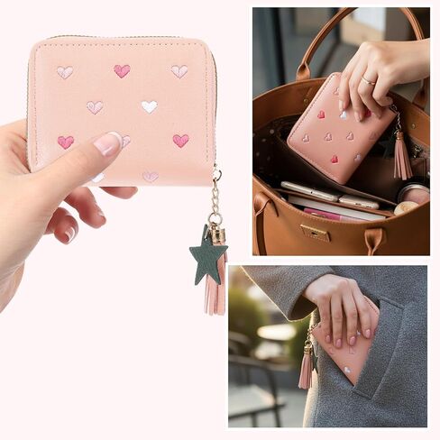 Cute Tassel Zipper Wallet, Small Star Pendant Purse PU Leather Coins Pocket Waterproof Lightweight Purse with Embroidery Hearts for Women Gift in Saudi Arabia