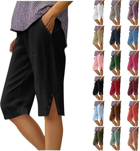Bermuda Shorts for Women Knee Length Summer Linen Shorts Casual Linen Capris Plus Size Capris Stretchy Beach Pants in Saudi Arabia