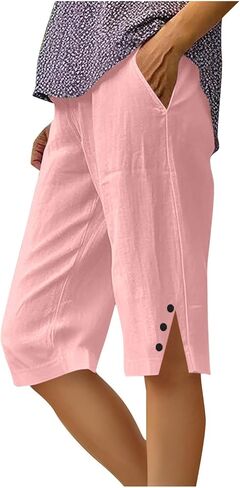 شورت برمودا للنساء طول الركبة شورت كتان صيفي كاجوال كتان Capris مقاس كبير Capris بناطيل الشواطئ القابلة للتمدد in Kuwait
