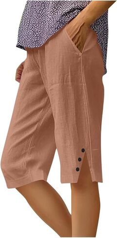 شورت برمودا للنساء طول الركبة شورت كتان صيفي كاجوال كتان Capris مقاس كبير Capris بناطيل الشواطئ القابلة للتمدد in Kuwait
