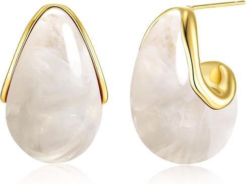 Oval C Shape Chunky Dangle 18K Gold Plated Hoops with Colored Resin Gemstone Statement Earrings for Women by SNGIA, (Green, Brown, Blue, Pink, White, Cream), Long Bold Drop Handmade Exaggerated Irregular Trendy Bohemian Jewelry Gifts, Unique Dangling Tear in Saudi Arabia