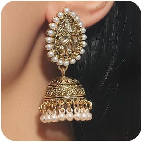 Jhumka Indian Pearl Beaded Earrings Bohemian Crystal Chandelier Earrings Perfect for Ethnic Occasions Women in Saudi Arabia