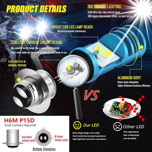 2 قطعة لمبات LED ATV 9-48 فولت، شعاع منخفض أزرق جليدي عالي الشعاع أبيض H6M P15D لمبات LED لدراجة نارية أو Y amaha، A TVS Y FM350 450 400 660 700 Raptor. in Kuwait