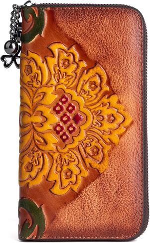 محفظة نسائية طويلة بتصميم كلاسيكي مزخرف بحامل بطاقات على الطراز العرقي، حقيبة يد من الجلد الطبيعي بسعة كبيرة ومتعددة الجيوب (أخضر) in Kuwait