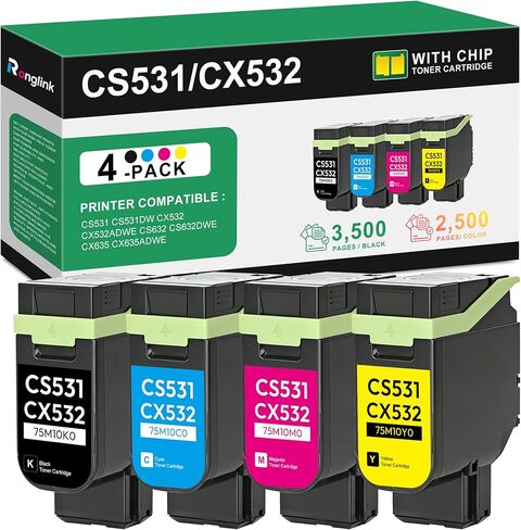 CS531 CX532 Toner Cartridge Set (with New Chip) Replacement for Lexmark 75M10K0 75M10C0 75M10Y0 75M10M0 Toner Cartridge for CS531 CS531dw CX532 CX532adwe CS632 CS632dwe CX635 CX635adwe Printer, 4-Pack in Saudi Arabia