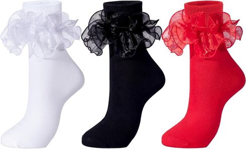 Dicry Women Big Ruffle Socks Double Lace Turn Cuff (Size 9-11, 3 Pairs) in Kuwait