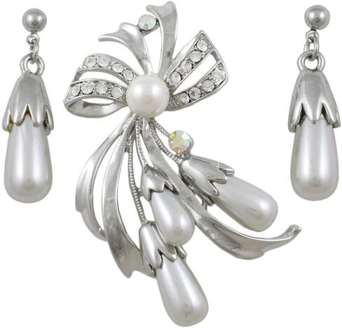 Light Gray Pearls Brooch Pin and Dangling Pearl Earring Gift Set in Saudi Arabia