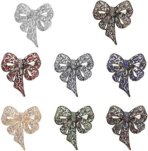 8-Piece Set of Women's Vintage Large Bow Brooches — Openwork Rhinestone Decorated Pins Fashion Accessories for Clothing, Scarves, and Hats in Saudi Arabia