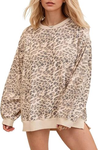 سويت شيرت نسائي من OLAPTA بنقشة الفهد مقاس كبير وأكمام طويلة مطبوع عليه الفهد بلوفر صوف علوي ملابس خريفية عصرية 2000 ثانية (متوسط، بيج) in Kuwait