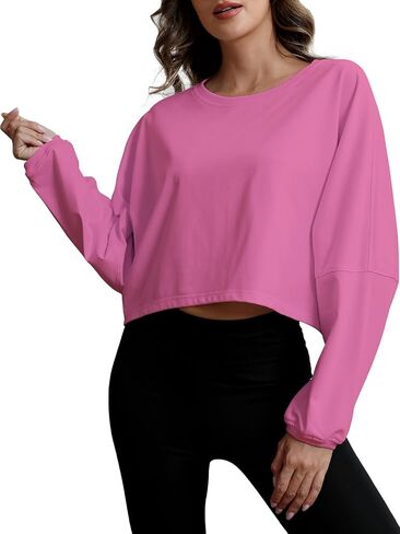 المرأة تجريب قمم البلوز عارضة طويلة الأكمام اقتصاص القمصان Crewneck فضفاضة تناسب الملابس للنساء العصرية الوردي XS in Kuwait