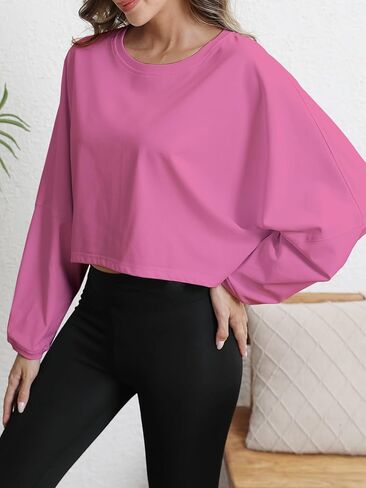 المرأة تجريب قمم البلوز عارضة طويلة الأكمام اقتصاص القمصان Crewneck فضفاضة تناسب الملابس للنساء العصرية الوردي XS in Kuwait