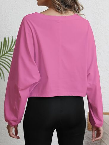 المرأة تجريب قمم البلوز عارضة طويلة الأكمام اقتصاص القمصان Crewneck فضفاضة تناسب الملابس للنساء العصرية الوردي XS in Kuwait