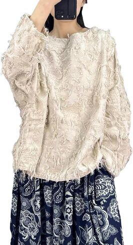 Women's Blouse Frayed Trim Long Sleeve Round Neck Loose Hippie Tee Tops in Kuwait