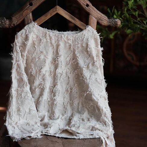 Women's Blouse Frayed Trim Long Sleeve Round Neck Loose Hippie Tee Tops in Kuwait