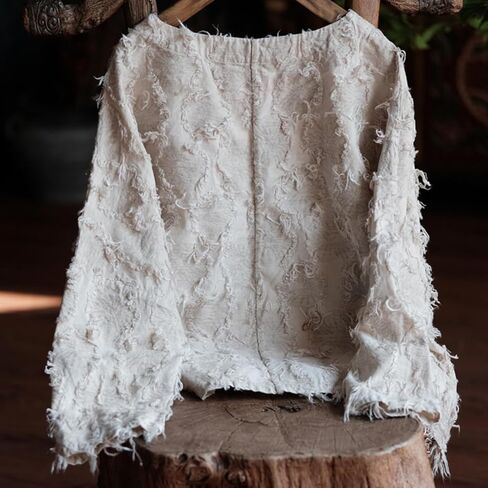 Women's Blouse Frayed Trim Long Sleeve Round Neck Loose Hippie Tee Tops in Kuwait