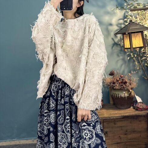 Women's Blouse Frayed Trim Long Sleeve Round Neck Loose Hippie Tee Tops in Kuwait
