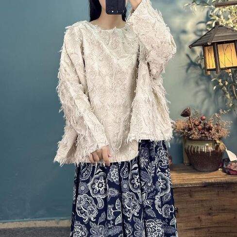 Women's Blouse Frayed Trim Long Sleeve Round Neck Loose Hippie Tee Tops in Kuwait