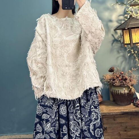 Women's Blouse Frayed Trim Long Sleeve Round Neck Loose Hippie Tee Tops in Kuwait