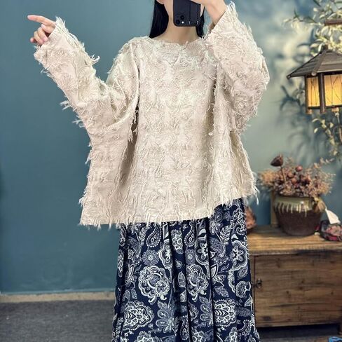 Women's Blouse Frayed Trim Long Sleeve Round Neck Loose Hippie Tee Tops in Kuwait